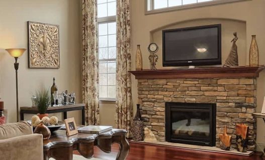 Living room customized with fireplace and stone